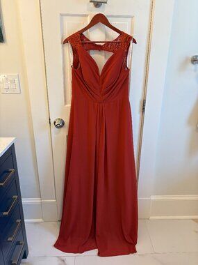 Baroni Burnt Orange Gown with Ruched Bodice and Lace